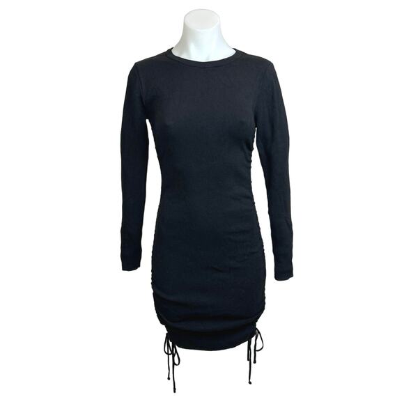 Lioness Black Ruched Drawstring Bodycon Stretch Knit Long Sleeve Mini Dress Sz S - Picture 9 of 13
